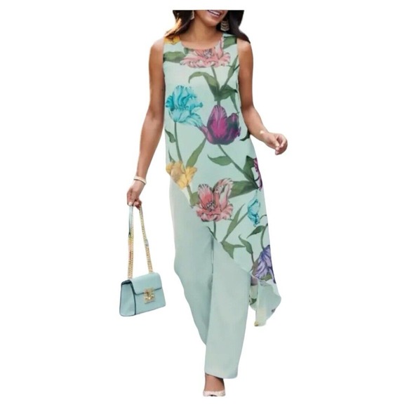 Midnight Velvet Chiffon Popover Pool Blue Floral Summer Cocktail Brunch Jumpsuit - Picture 1 of 16